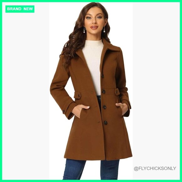Polyester Pea Coat with Belted Cuffs and Hidden Pockets